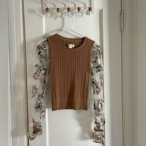 sweater with sheer embroidered floral sleeves